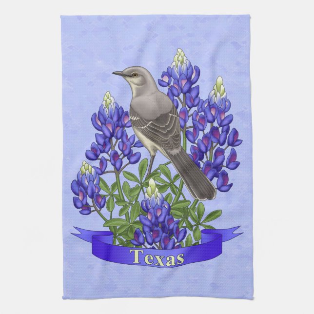 Texas State Mockingbird & Bluebonnet Flower Towel (Vertical)