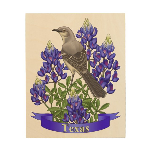 Texas State Mockingbird & Bluebonnet Flower Wood Wall Art (Front)