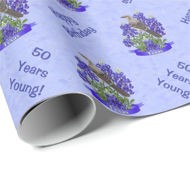 Texas State Mockingbird & Bluebonnet Flower Wrapping Paper (Roll Corner)
