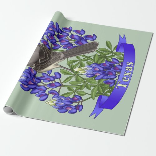 Texas State Mockingbird  Bluebonnet Flower Wrapping Paper