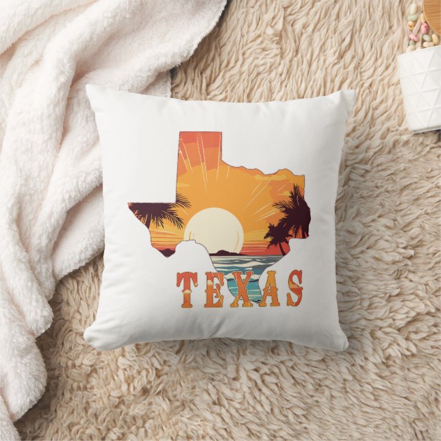 Texas State Outline Beach Sunset Throw Pillow (Blanket)