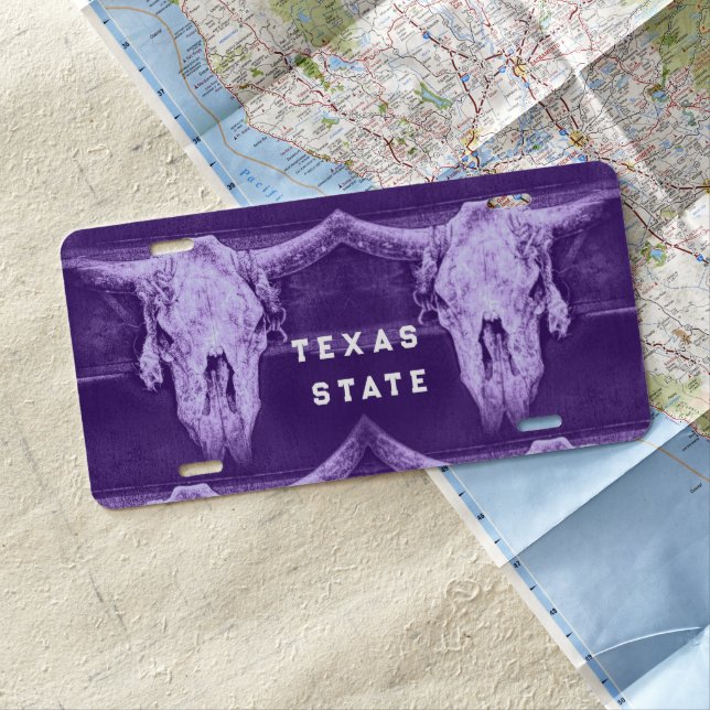 Texas State Purple Bull Skulls License Plate (In Situ)