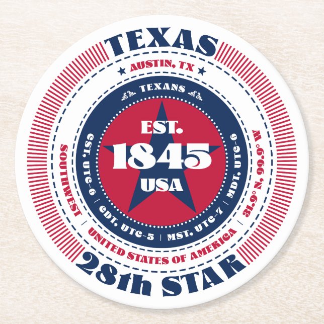 Texas State Red White Blue Round Paper Coaster (Front)