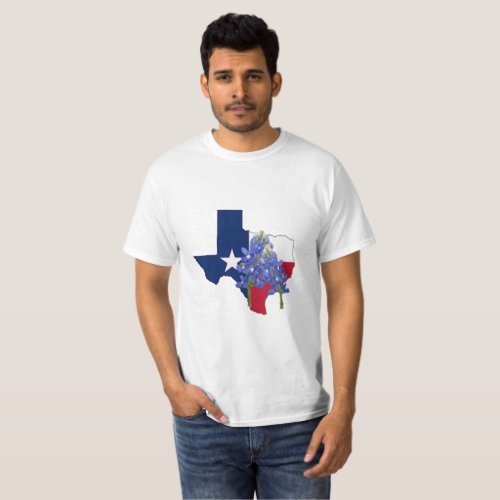 Texas State Shape Flag and Bluebonnets T_Shirt