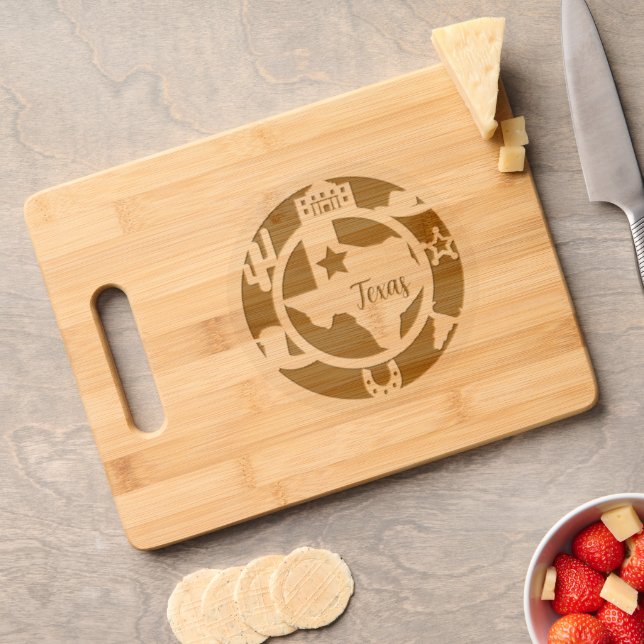 Texas State Symbols Circle Engraved Cutting Board (Cheese)