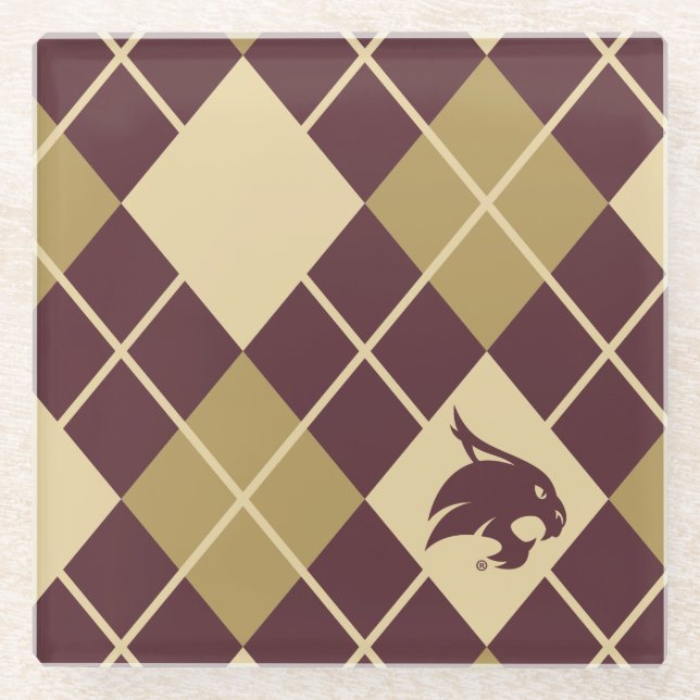 Texas State University Supercat Argyle Pattern Glass Coaster (Front)