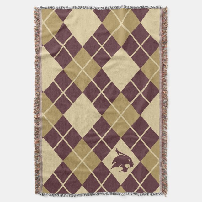Texas State University Supercat Argyle Pattern Throw Blanket (Front Vertical)