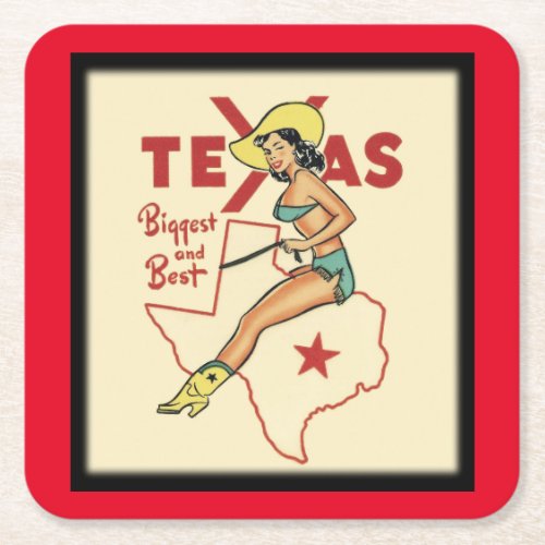 TEXAS State Vintage Travel Pin Up Girl   Square Paper Coaster