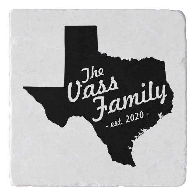 Texas State With Name and Date in Black & White Trivet (Front)