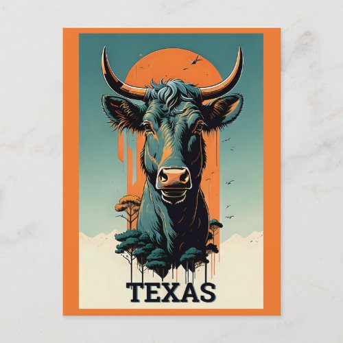Texas Stylized Retro Bull Travel Postcard