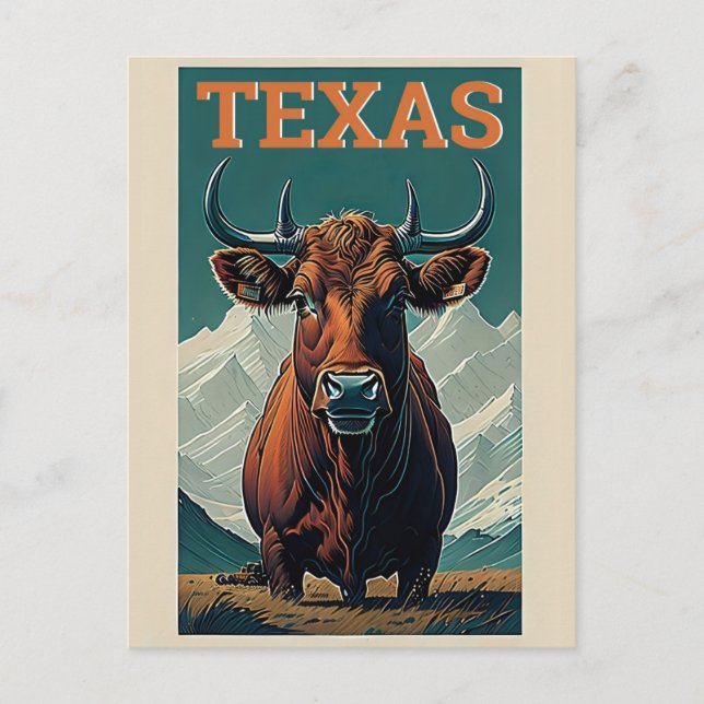 Texas Stylized Vintage Bull Retro Travel Postcard (Front)