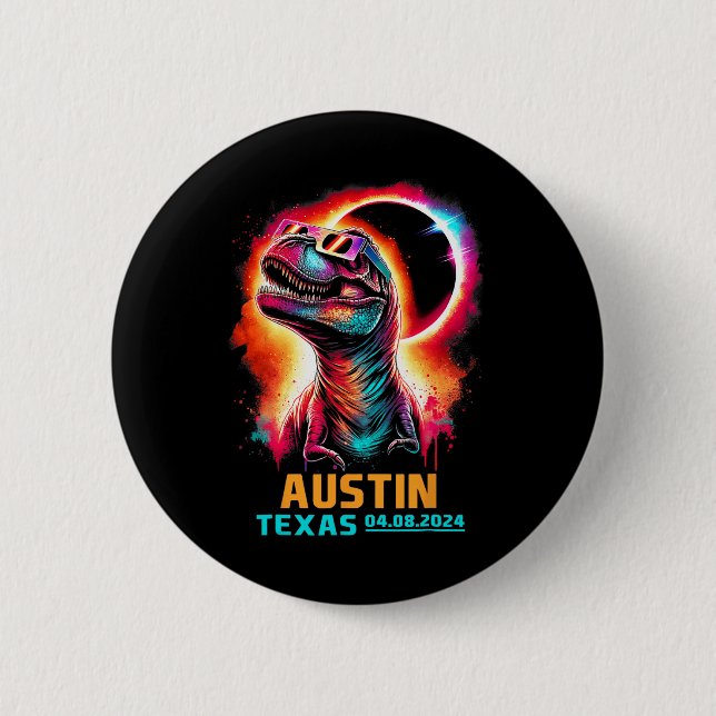 Texas Total Solar Eclipse 2024 T Rex Dinosaur  Button (Front)