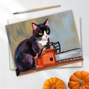 Texas Tuxedo Cat Chainsaw Massacre Funny Halloween Holiday Postcard