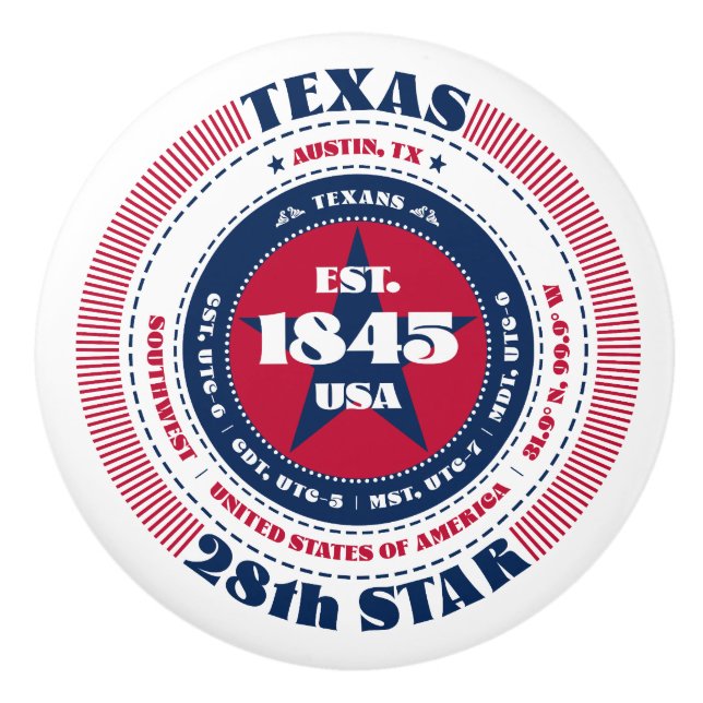 Texas US State Red White Blue Typography Ceramic Knob (Front)