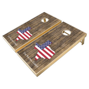 Texas USA Stars Stripes Map Family Name Wood Cornhole Set