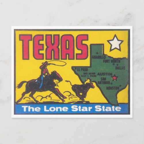 Texas vintage state decal with cowboy postcard