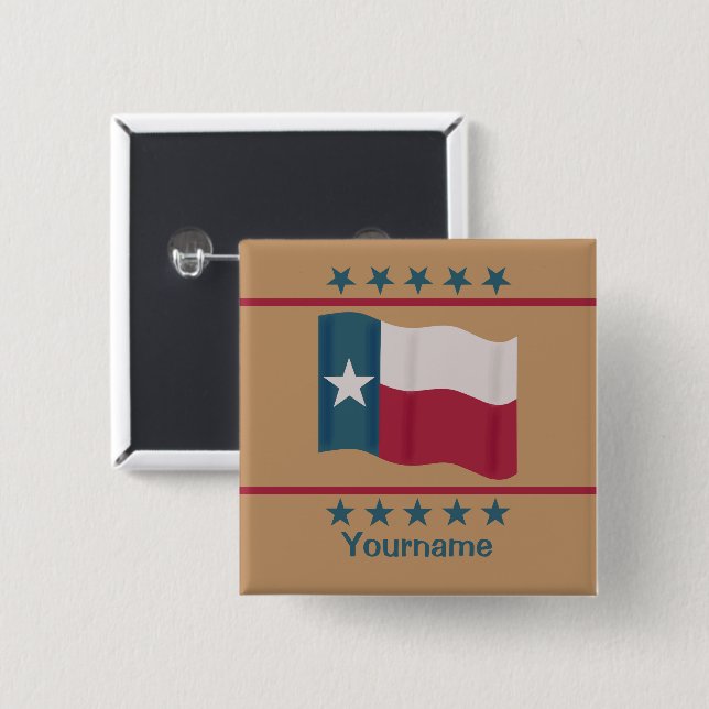Texas Waving Lone Star Name Badge Tan Customizable Button (Front & Back)