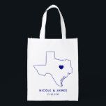 Texas Wedding Welcome Bag, Navy Map Tote<br><div class="desc">Wedding welcome gift bag featuring map graphic. Your guests will love checking into their hotel and finding this tote filled with treats awaiting them. You may position the heart to the location of your big day using the "customize further" feature.</div>
