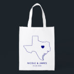 Texas Wedding Welcome Bag, Navy Map Tote<br><div class="desc">Wedding welcome gift bag featuring map graphic. Your guests will love checking into their hotel and finding this tote filled with treats awaiting them. You may position the heart to the location of your big day using the "customize further" feature.</div>