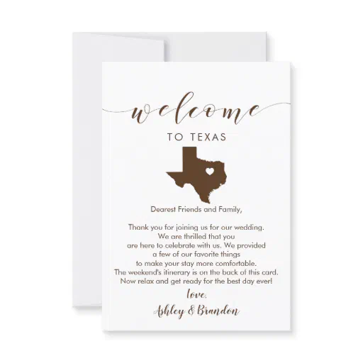 Texas Wedding Welcome Card, Letter and Itinerary