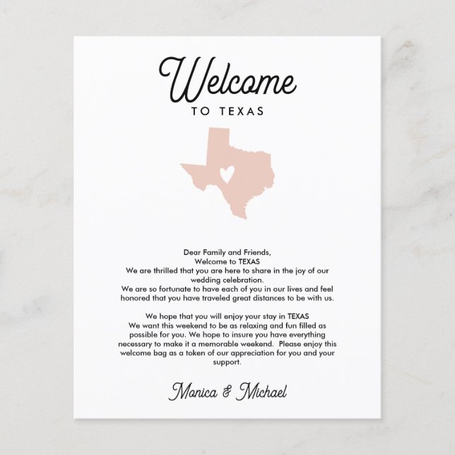 TEXAS Welcome  Letter Itinerary ANY COLOR (Front)