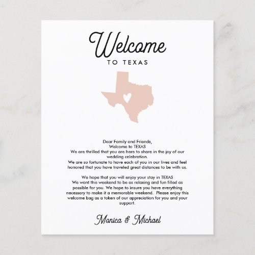 TEXAS Welcome  Letter Itinerary ANY COLOR