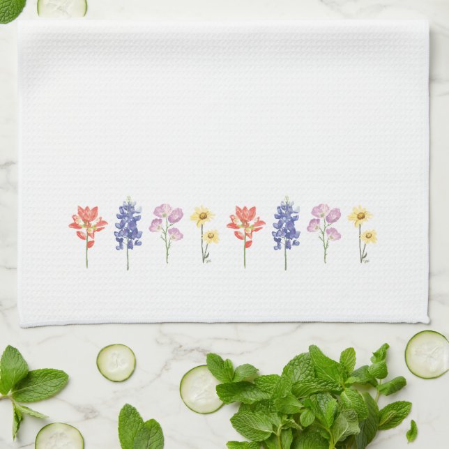 Texas Wild Flowers - Indian Paintbrush, Bluebonnet Kitchen Towel (Folded)