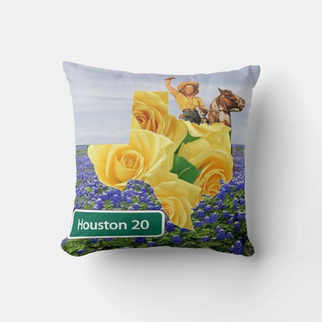 Texas Yellow Rose And Bluebonnets Cowgirl Houston Throw Pillow (Front)