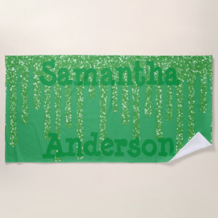 Text And Sparkly Wax Drips Green Personalized Beach Towel