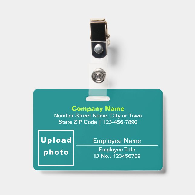 Text Based W/ Employee Photo Rectangle Teal Green Badge (Front with Clip)
