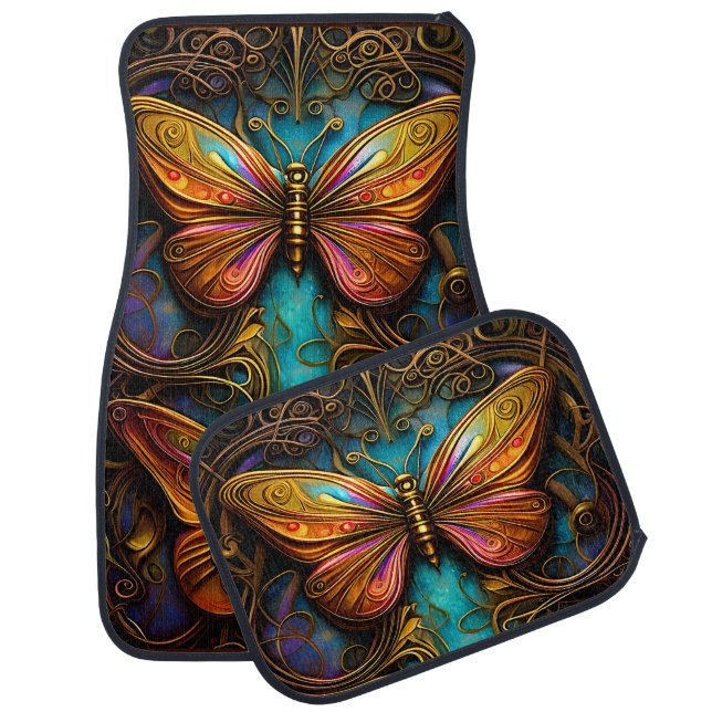 Text Bronze Butterflies on Aqua Blue Car Floor Mat (Set)