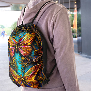 Text Bronze Butterflies on Aqua Blue Drawstring Bag