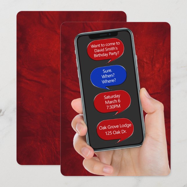 Text Bubbles for Birthday Party On Red Leather Invitation (Front/Back)