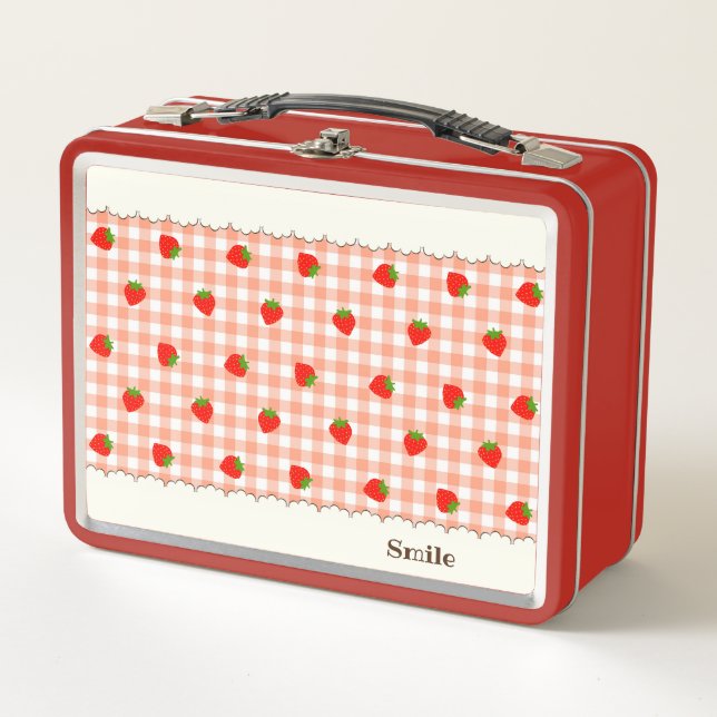 Text Custom Strawberry & Check (Orange) Metal Lunc Metal Lunch Box (Front)