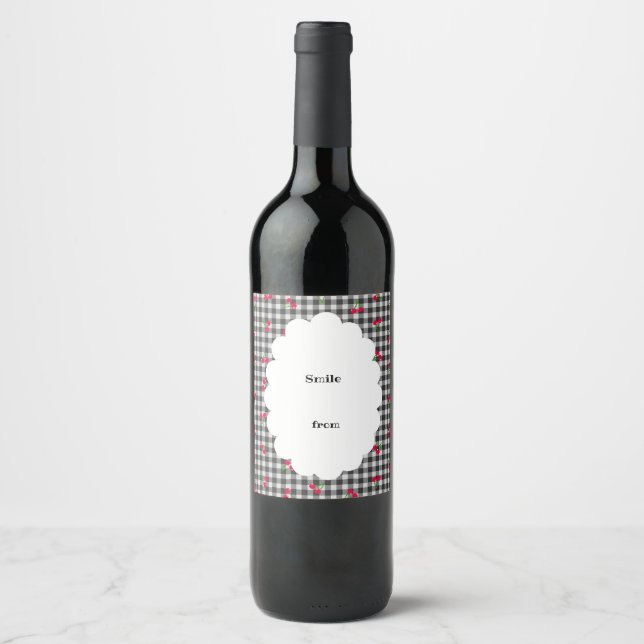 Text Customization Cherry Gingham Check Black Food Wine Label (Front)
