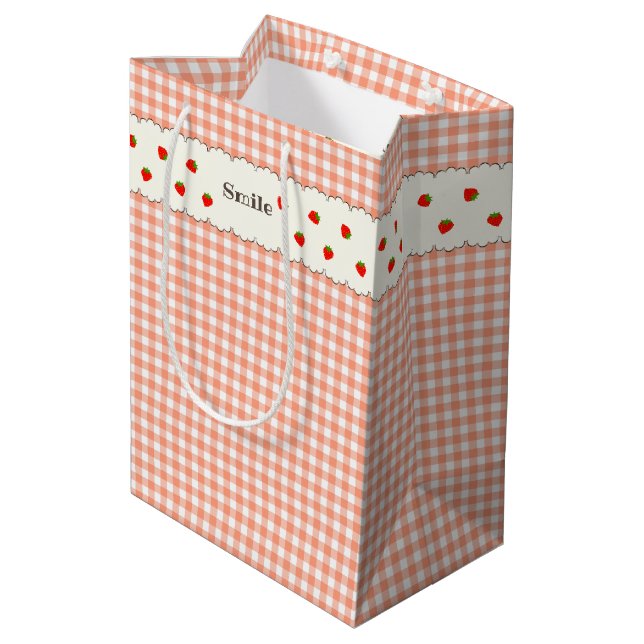Text Customization STRAWBERRY Check Orange Medium  Gift Bag (Back Angled)