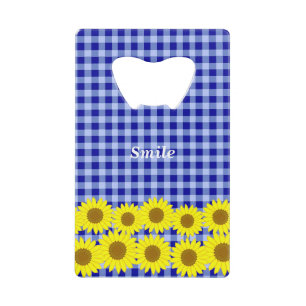 Text Customization Sunflower Check Navy Credit Card Bottle Opener