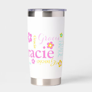 Text flowers girls name Gracie pink yellow aqua Insulated Tumbler