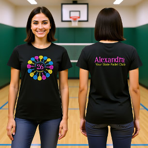 Text front & Back Teal & Coral Padel Racket Circle T-Shirt