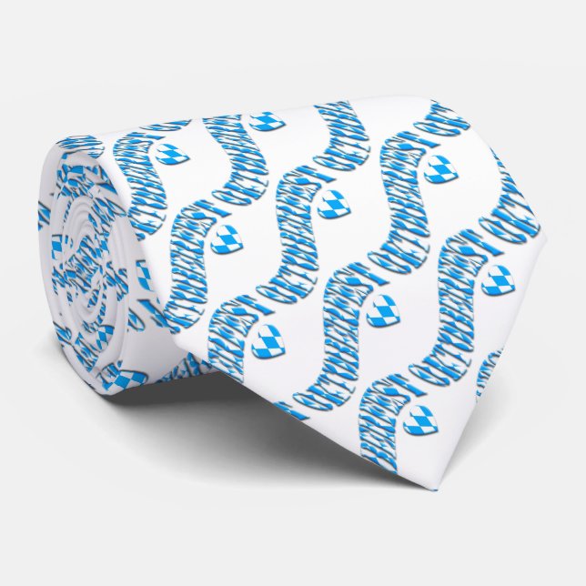 Text in Bavarian Flag Pattern Oktoberfest Neck Tie (Rolled)