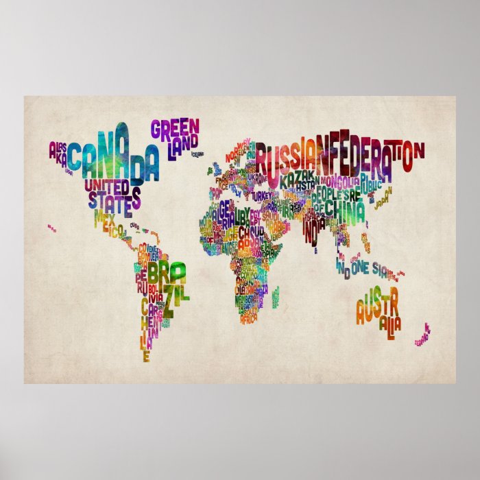 Text Map of the World Poster