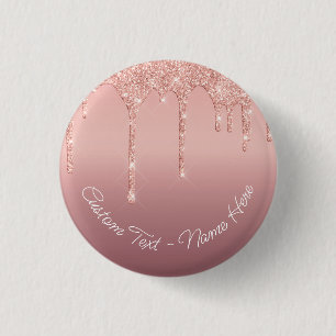 Text Name Rose Gold Blush Glitter Drips Button
