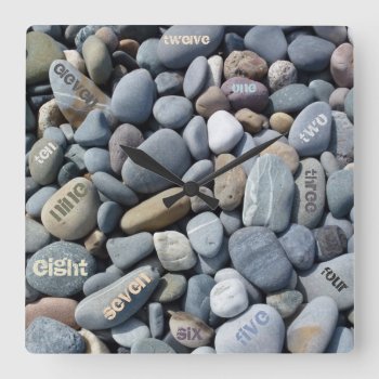 Text Numerals & Pebbles Rustic Square Wall Clock by EleSil at Zazzle
