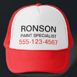 Text only business promotional marketing employee trucker hat<br><div class="desc">Getting your company hats printed is just a few clicks away. Simply type in your business info, select a color and you are good to go. Quickly outfit your staff and have their hats market your business for you. No minimum, no set up fee, no nonsense.</div>