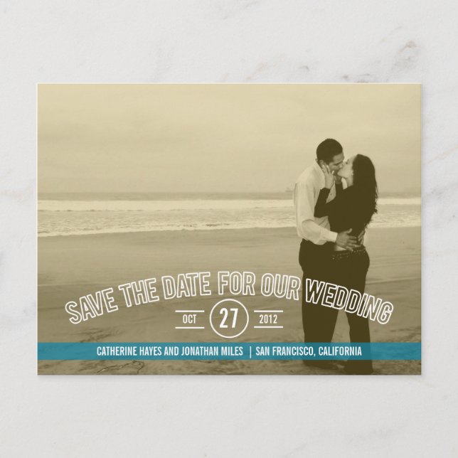 Text Overlay Save The Date Cards - Turquoise (Front)
