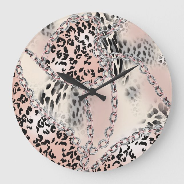 Textile Leopard: Floral Chain Pattern. Large Clock (Front)
