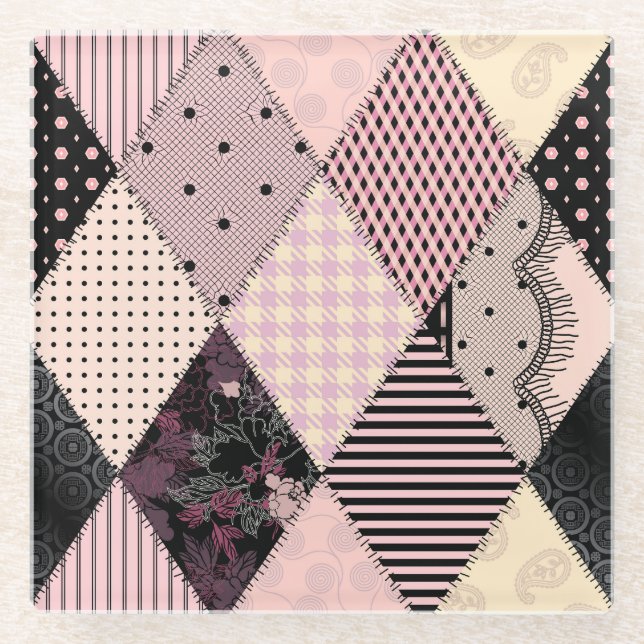 Textile Lingerie: Patchwork Vintage Pattern Glass Coaster (Front)