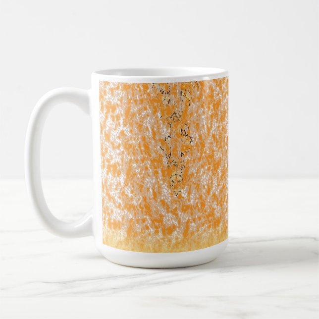 Textile pattern featuring a vibrant orange and gol coffee mug (Left)
