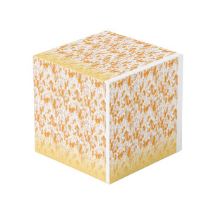 Textile pattern featuring a vibrant orange and gol cube