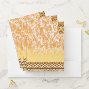 Textile pattern featuring a vibrant orange and gol pocket folder